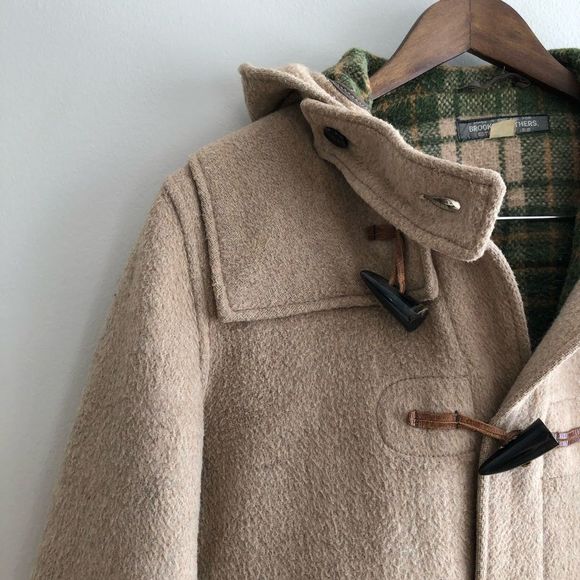 Brooks Brothers Vintage Wool Plaid Interior Long Trench Winter Coat Jacket Tan - Picture 3 of 16